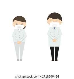 Illustration of doctor man and woman wearing face mask and bowing