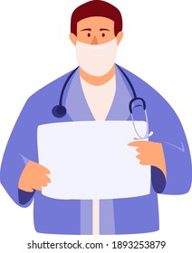 Ilustración de un médico con una máscara de tipo vectorial plano aislado en fondo blanco. Cartel con médico