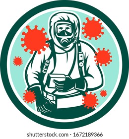 Illustration of a doctor or medical worker in protective or hazchem suit viewed from front with coronavirus or covid-19 floating set inside circle on isolated background done in retro style.