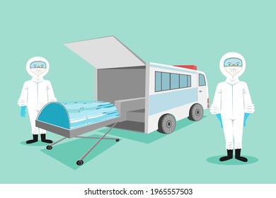 Illustration of a doctor nurse in a prophylactic gown with an ambulance car