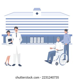 It is an illustration of a doctor and a nurse who work at a large general hospital and a patient who visits the hospital.