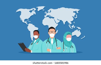 illustration doctor on world map. they are covid-19 hero. fighting coronavirus disease. helping people who infection around the world or country.  health care on hospital or clinic. 