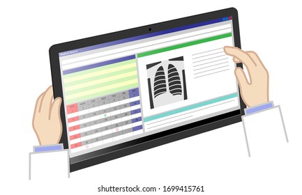 Illustration of a doctor operating a tablet displaying an electronic medical record(Viewed from an oblique angle)