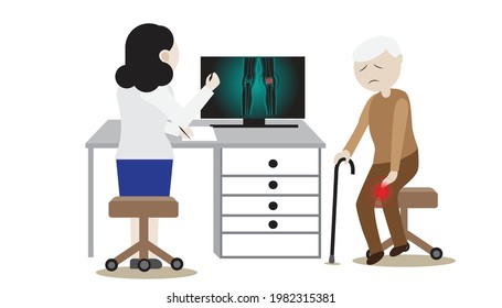 Illustration of Doctor and patient at Orthopedic clinics. Patient with knee pain consulting doctor in the hospital,medical health care anatomy vector illustration.