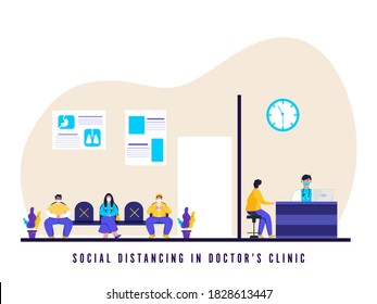 Illustration of Doctor and Patients Wearing Medical Mask with Maintain Social Distance in Clinic or Hospital To Avoid Coronavirus Pandemic.