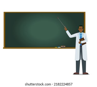 Illustration of a doctor and professor in a white coat giving a lesson on a blackboard. conference. lecture. African male.