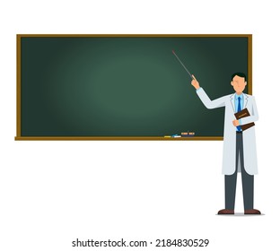 Illustration of a doctor and professor in a white coat giving a lesson on a blackboard. conference. lecture. Asian men.