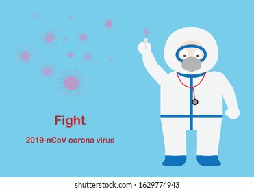 Illustration of doctor in protective suit, wearing eyeshield, mask, gloves and protective shoes holding a syringe of vaccine against outbreak Wuhan corona virus. Vector illustration.