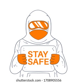 illustration doctor with sign stay safe during covid-19