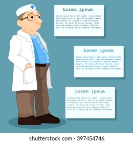Illustration of a doctor standing in front of the information tables. Patient information. Vector