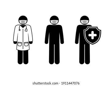 Illustration Of A Doctor, Stick Figure Man Icon With Mask And Shield, Isolated Pictograms Of People At Work, Medical Workers In Masks