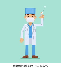Illustration of a doctor with a syringe in his hand. Seasonal vaccination concept, flu shot, treatment. Flat style vector illustration