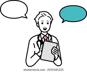 Illustration of a doctor talking. With speech bubbles.