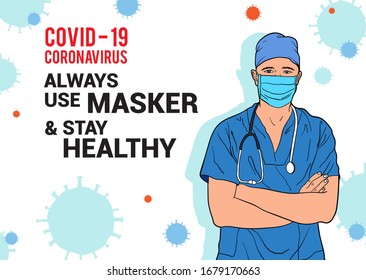 Illustration of a doctor using masker for attack coronavirus covid-19