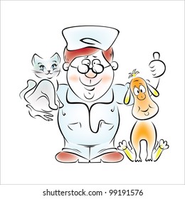 Illustration of a doctor - a veterinarian with a dog and a kitten in her arms.