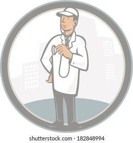 Illustration of a doctor veterinarian medical practitioner holding a stethoscope standing with buildings in background set inside circle done in cartoon style.