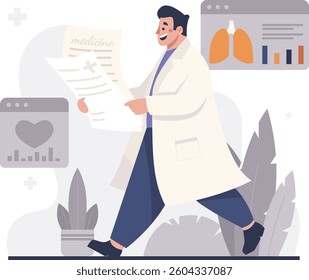 Illustration of a doctor walking with medical records