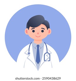 Illustration of a Doctor Wearing a Stethoscope on Blue Background, Flat Style Design