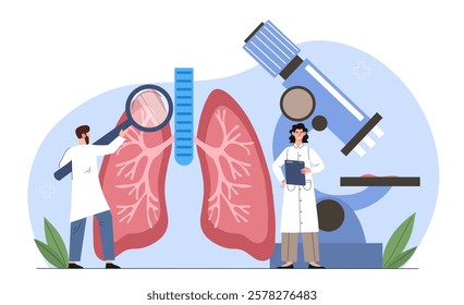 Illustration of doctors analyzing lungs with a magnifying glass and microscope, in a blue-themed background. Represents medical research and health. Vector illustration