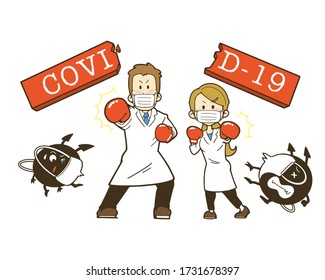 Illustration of doctors fighting the coronavirus. Wearing a mask. Vector illustration on white background.