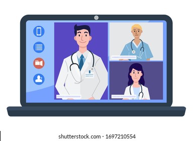 Illustration Of Doctors And Nurse At Video Conference On Laptop. Vector