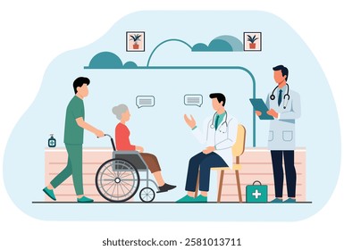 Illustration of doctors and nurses assisting an elderly patient in a wheelchair during a medical consultation. Concept of healthcare, hospital, diagnosis, treatment, and professional support.