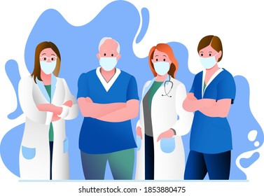 Illustration of doctors and nurses characters wearing masks. Vector