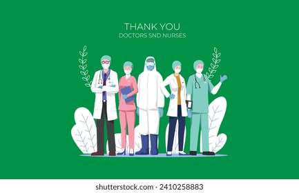 Illustration of doctors and nurses characters wearing face masks. Vector