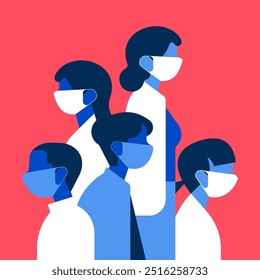 Illustration of doctors and nurses characters wearing masks. Vector