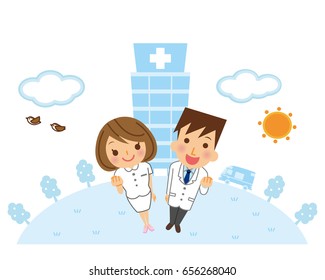 Illustration of doctors and nurses and hospitals.