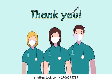 Illustration of doctors or nurses with thank you letter.