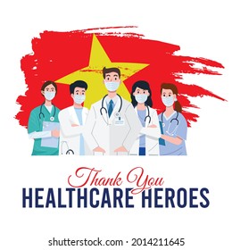 Illustration of doctors and nurses wearing face masks with flag of Vietnam as a background. Vector