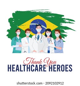 Ilustración de doctores y enfermeras con máscaras en la cara con bandera de Brasil como fondo. Vector