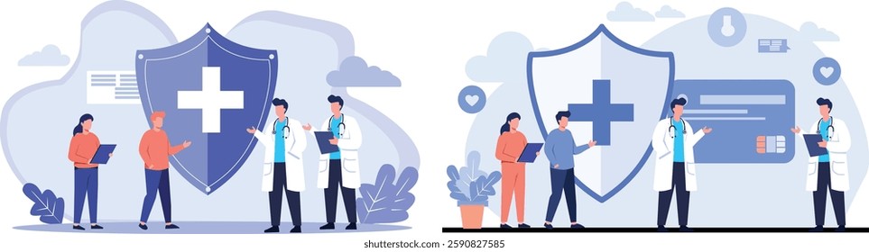 An illustration of doctors and patients discussing healthcare coverage with a large shield symbolizing medical insurance, safety, and financial protection in healthcare. Ideal for medical, insurance