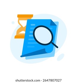 Illustration document being reviewed. magnifying glass and hourglass. data verification, approval process, identity check, system review, loading status, audit progress, document analysis in progress