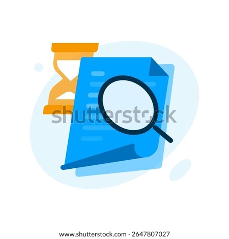 Illustration document being reviewed. magnifying glass and hourglass. data verification, approval process, identity check, system review, loading status, audit progress, document analysis in progress
