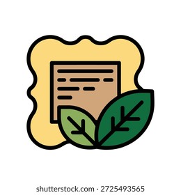 Ilustración de un documento o certificado enmarcado por un borde ondulado con dos hojas verdes que representan la naturaleza y la documentación