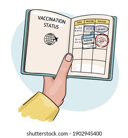 Illustration of the document confirming the vaccination. hand holds a vaccination passport with stamps and signatures of a doctor. Isolated objects on a white background. Simple doodle style.