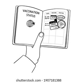 Illustration of the document confirming the vaccination. Hand holds a vaccination passport with stamps and signatures of a doctor. Black outline image on a white background. Simple doodle style.