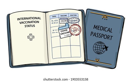 Darstellung des Dokuments zur Bestätigung der Impfung. Impfpass mit Briefmarken und ärztlicher Unterschrift. Einzige Objekte auf weißem Hintergrund. Einfach doodle-Stil.