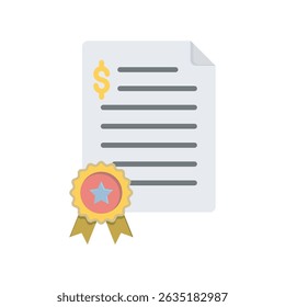 An illustration of a document with a dollar sign, depicting a financial agreement, with a seal of approval below. Perfect for business, finance, and contract-related themes.