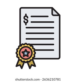 An illustration of a document with a dollar sign, depicting a financial agreement, with a seal of approval below. Perfect for business, finance, and contract-related themes