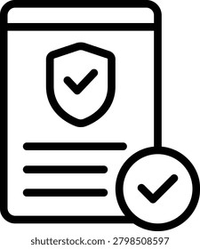 Illustration of a document featuring a shield with a check mark and an additional check mark icon, suitable for web design and security concepts.
