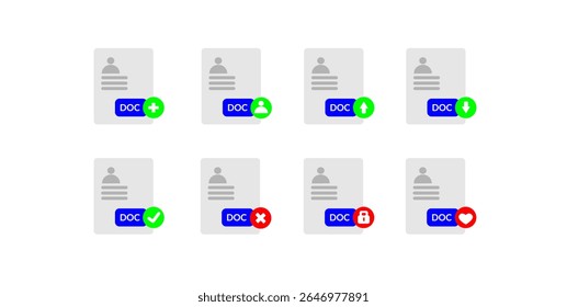 Illustration of document file icons with different status indicators, including add, user, upload, download, accepted, rejected, locked, and favorite.
