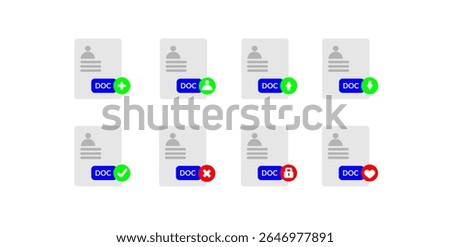 Illustration of document file icons with different status indicators, including add, user, upload, download, accepted, rejected, locked, and favorite.