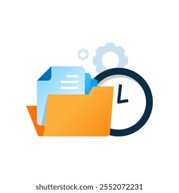 illustration of a document folder with clock and gear, document processing or verification. workflow management, system operations, or administrative tasks in business or office related projects