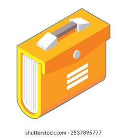 Ilustración de una carpeta de documentos equipada con un asa, tapa segura e identidad de etiqueta. Icono isométrico.