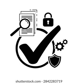 Illustration of document verification featuring a magnifying glass, lock, shield, and gears symbolizing security and authentication processes.
