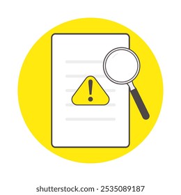 illustration of document with warning sign on it, and magnifying glass