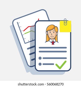 illustration documents with a green check mark, with the women's photos and graphics fastened by a paper clip
